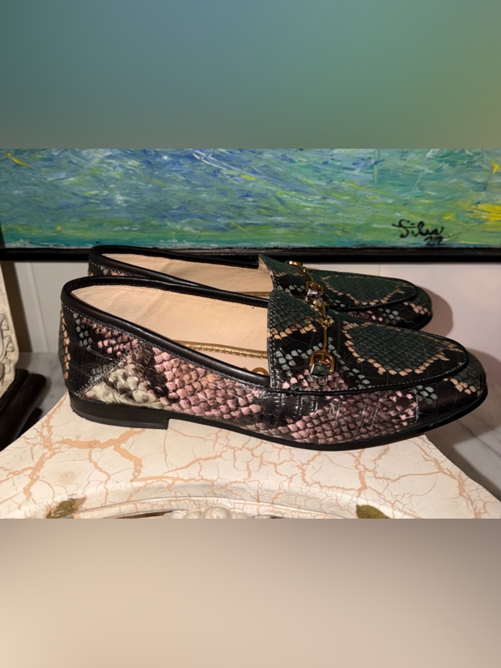 Sam Edelman Dark Green Snake-Print Leather Loafers with Gold Horsebit